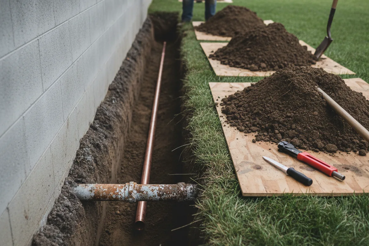 Excavated water line trench during Water Softener Installation in Westchester